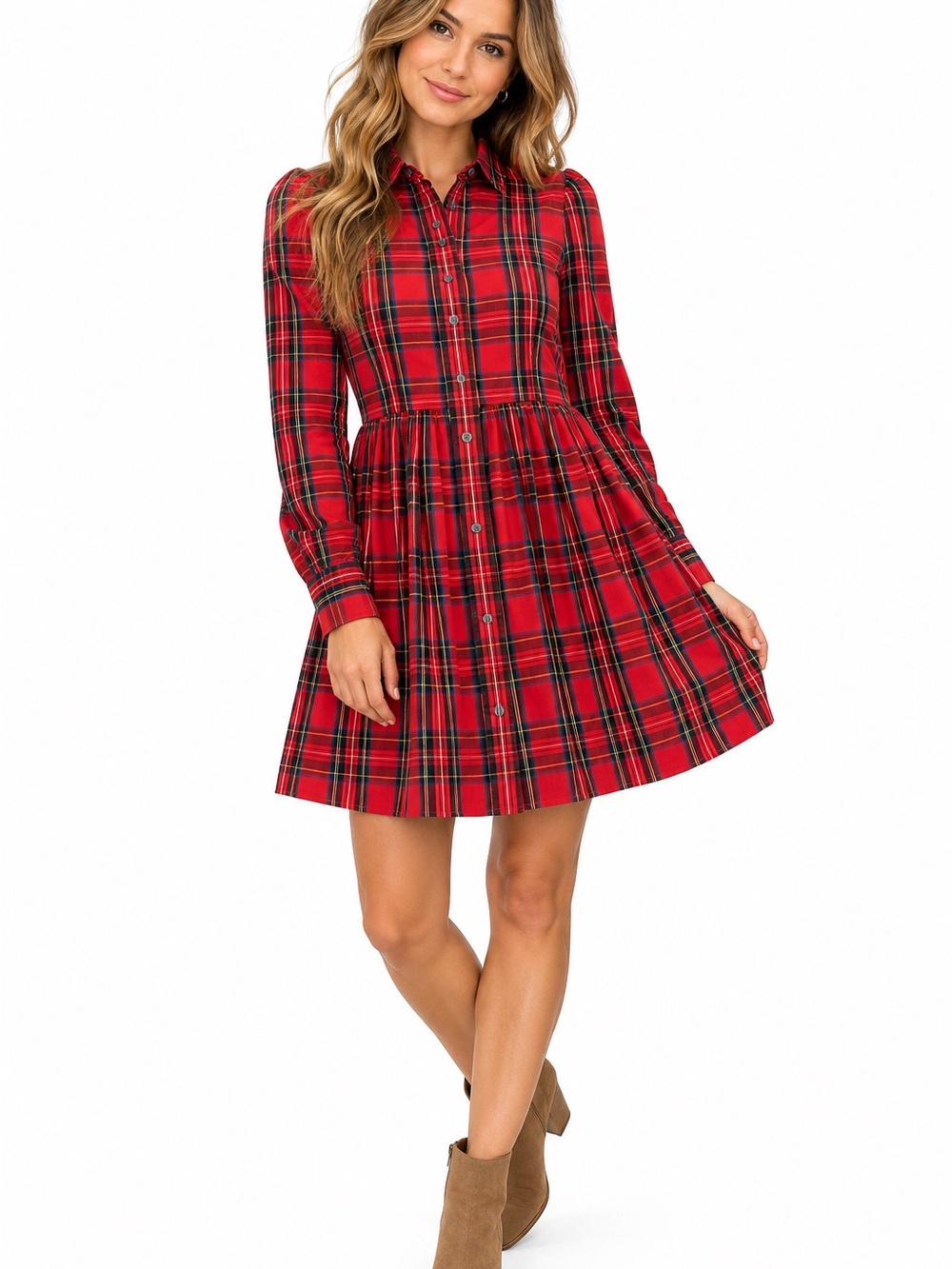 J- Crew Red Plaid Button-Front Shirt Dress
